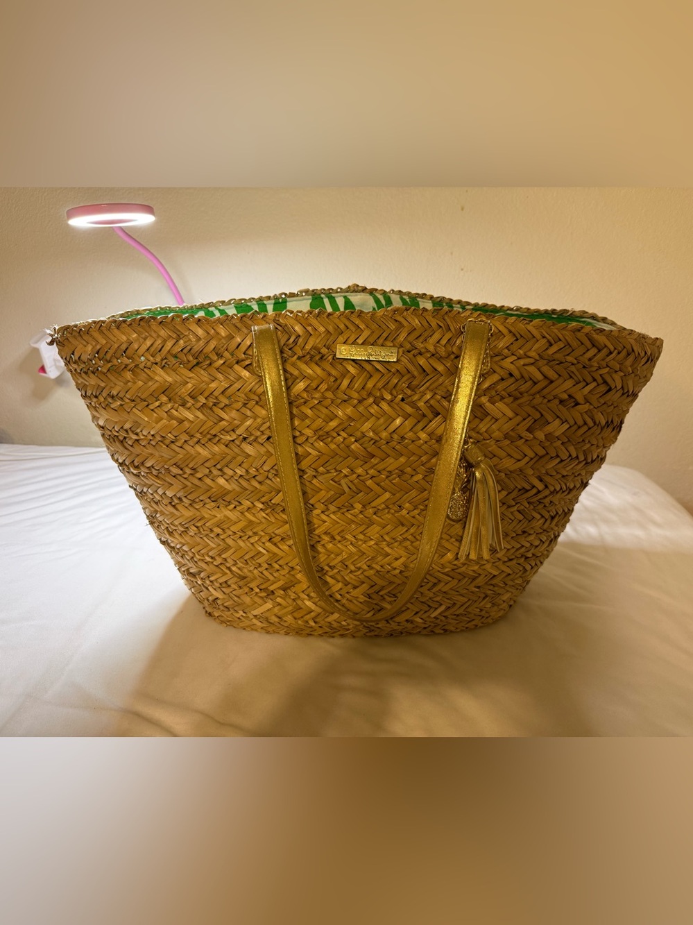 Lilly Pulitzer Straw Tote with Gold Accents and Green Trim